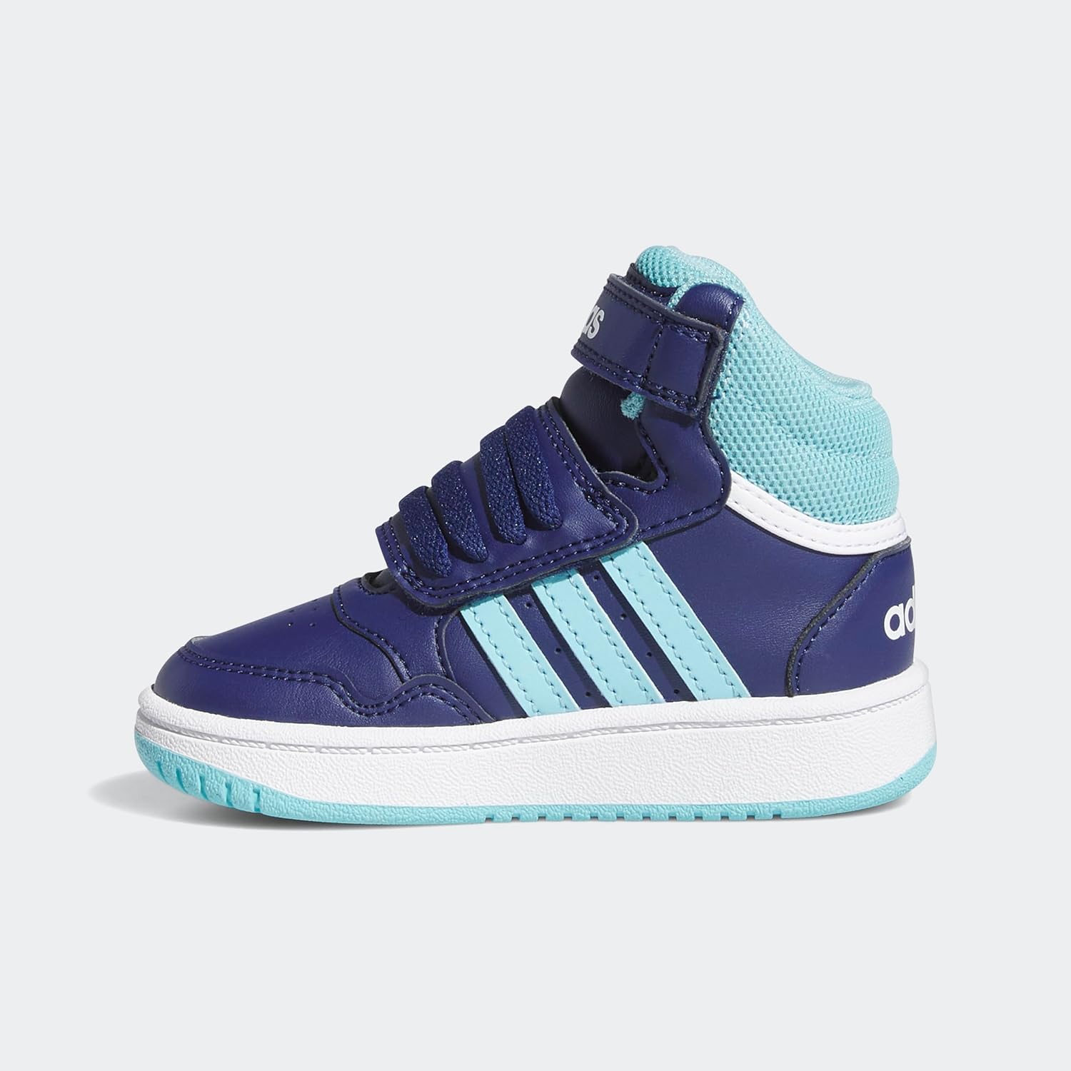 Кроссовки Adidas Kids' Hoops 2.0 Mid, белый/синий/бирюзовый/темно-синий — фото 2