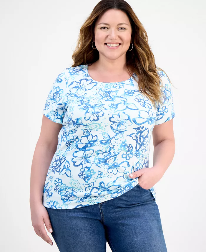 

Топ с принтом и круглым вырезом, Plus Size Style & Co, синий