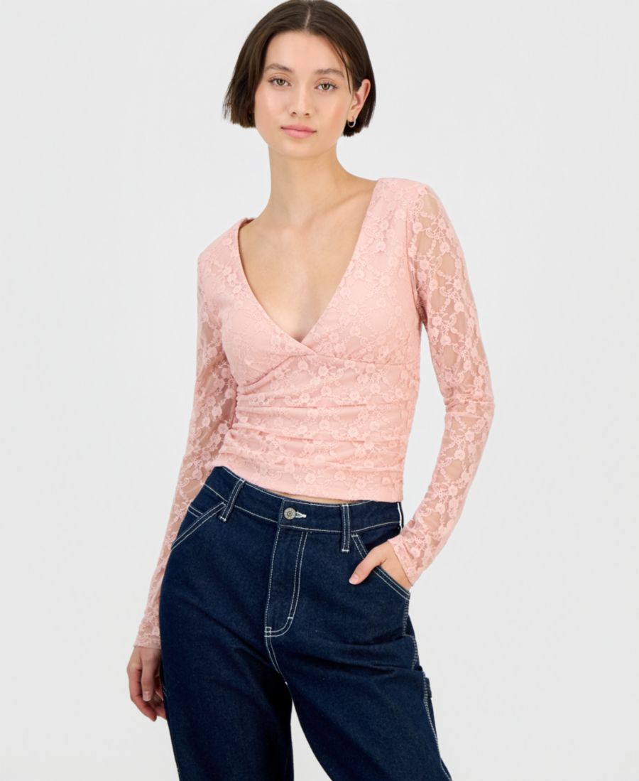 

Детский кружевной топ с длинными рукавами и V-образным вырезом Sincerely Jules, Silver Pink