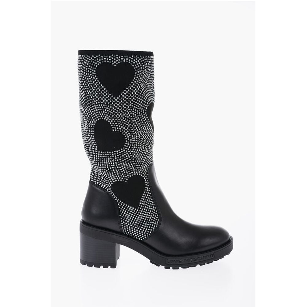 Сапоги LOVE с заклепками и кожаными деталями 8 см Moschino, Black — фото 3