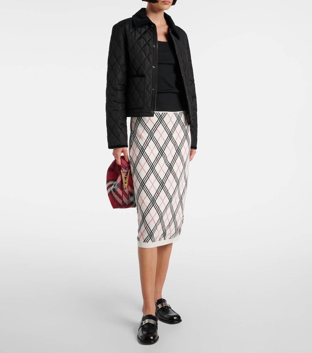 Юбка миди Burberry Вязаная хлопковая с узором аргайл, Chalk Argyle Check, белый — фото 2