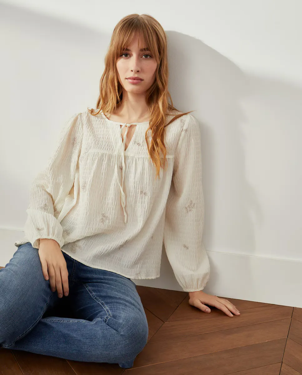 

Женская вышитая футболка с длинным рукавом Southern Cotton, кремово-белый