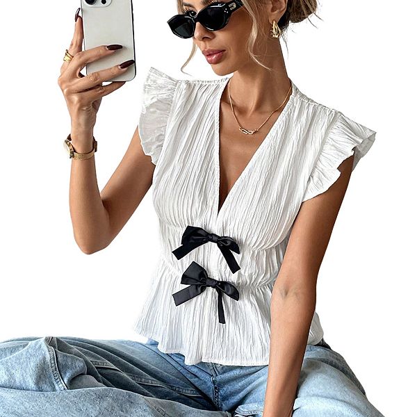 

Женская блузка с v-образным вырезом, баской и бантами на рукавах Clearflower