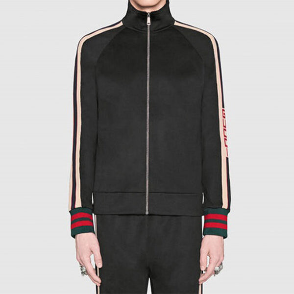 Куртка Gucci Technical Jersey Track Jacket, с молнией и полосками, классическая черная — фото 4