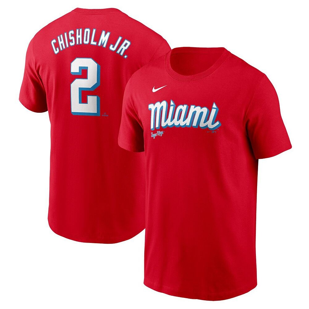 

Мужская красная футболка Nike Jazz Chisholm Jr.Â Miami Marlins City Connect Fuse с именем и номером, цвет Mrl Red