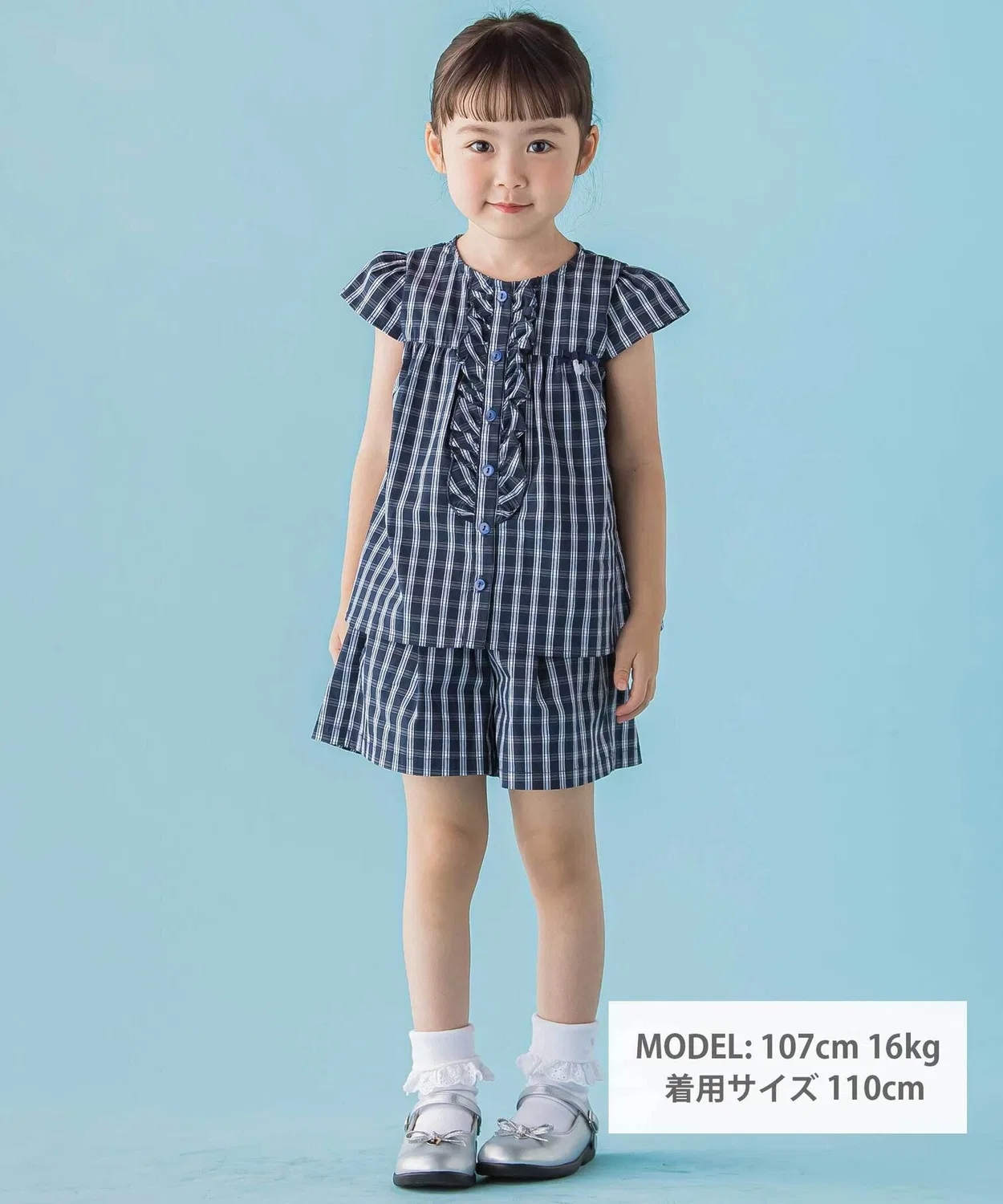 Детский костюм из блузки и шорт с клетчатым принтом BeBe Petits Pois Vert, синий — фото 4