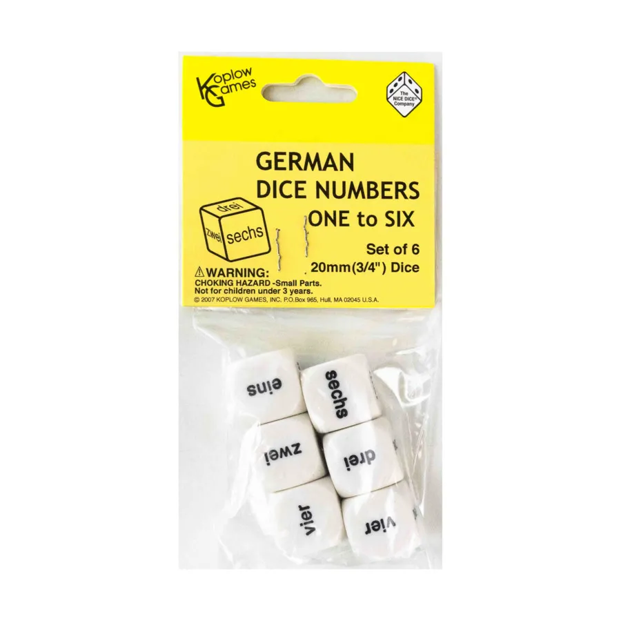 

d6 20 мм игральные кости с цифрами 1–6 — немецкие слова (6), Dice - Foreign Language Dice