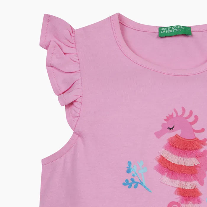 Детская футболка с рюшами на рукавах розовая от Benetton Kids — фото 4