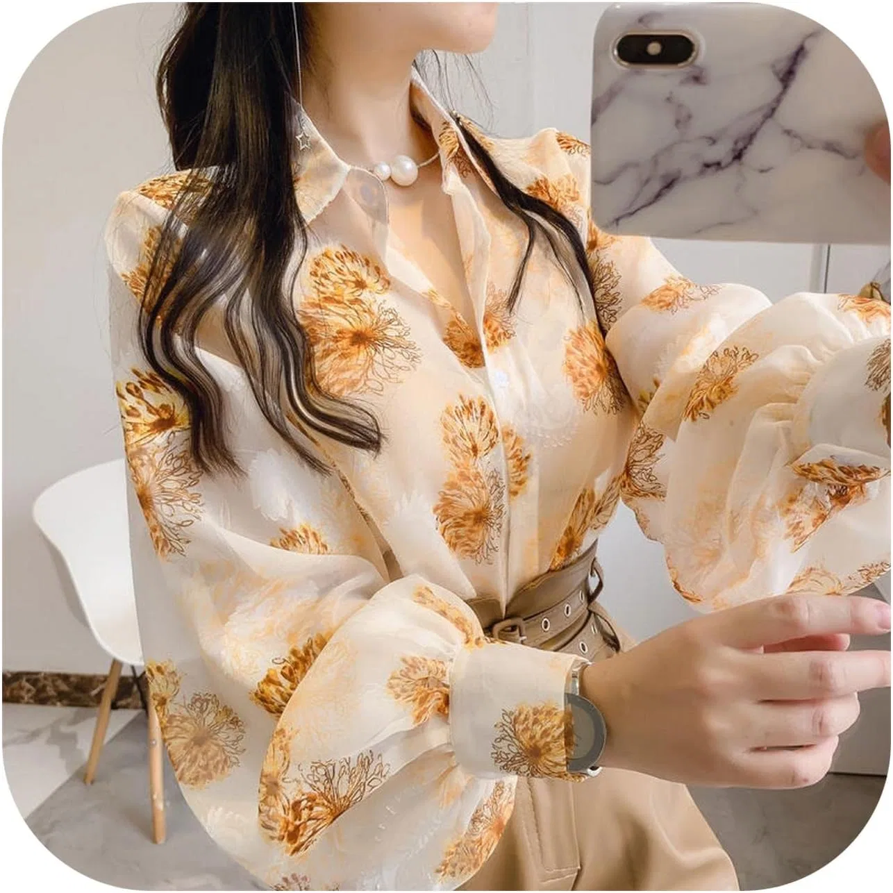 Блуза с цветочным принтом Graceful Flower Print Lantern Sleeve Casual Open Stitch Shirts, TieSen, синий — фото 2