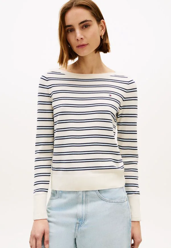 Свитер с золотистыми пуговицами и вырезом-лодочкой Tommy Hilfiger, Calico/Dark Navy Blue