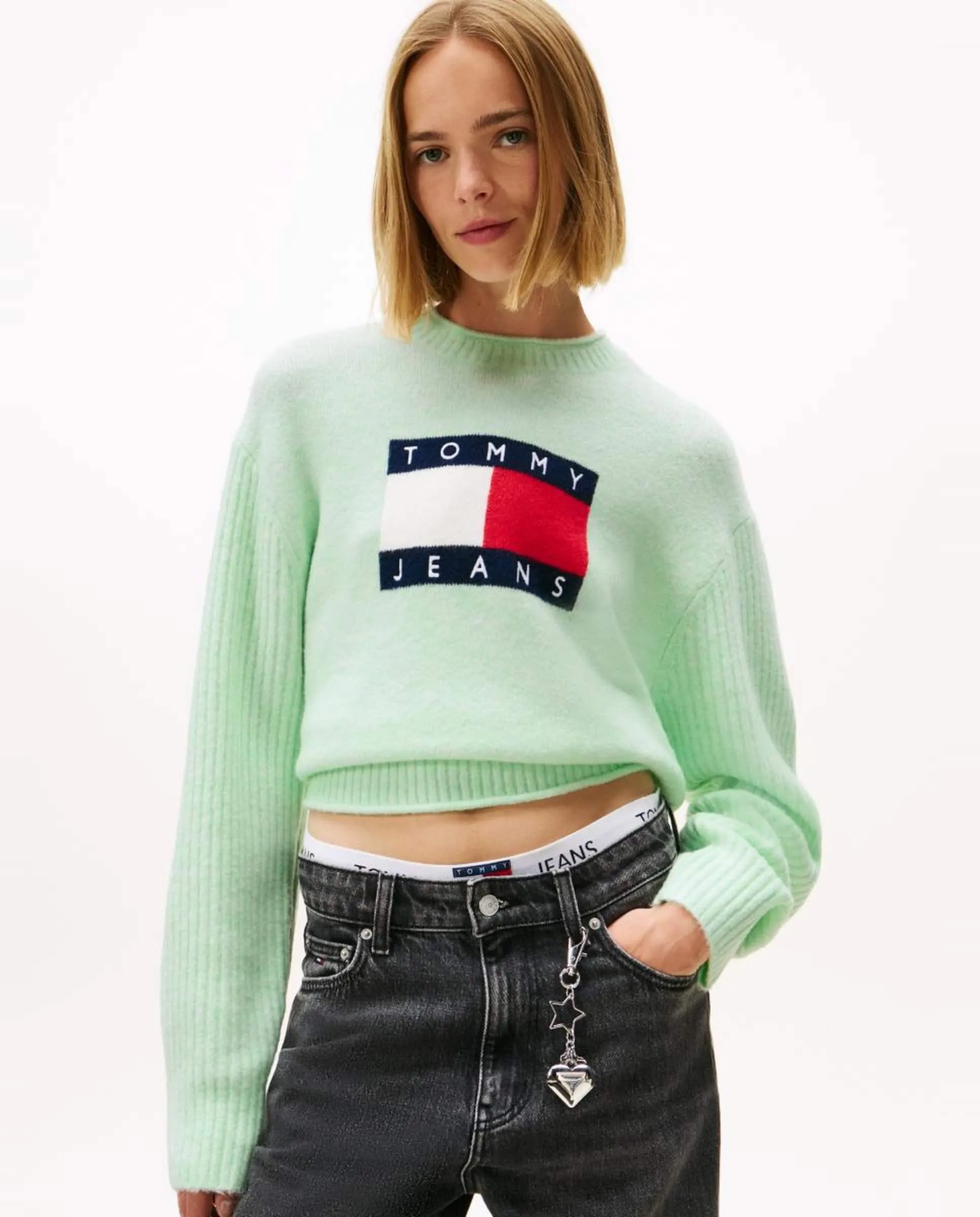 

Женский джемпер с интарсией и контрастными рукавами Tommy Jeans, светло-зеленый