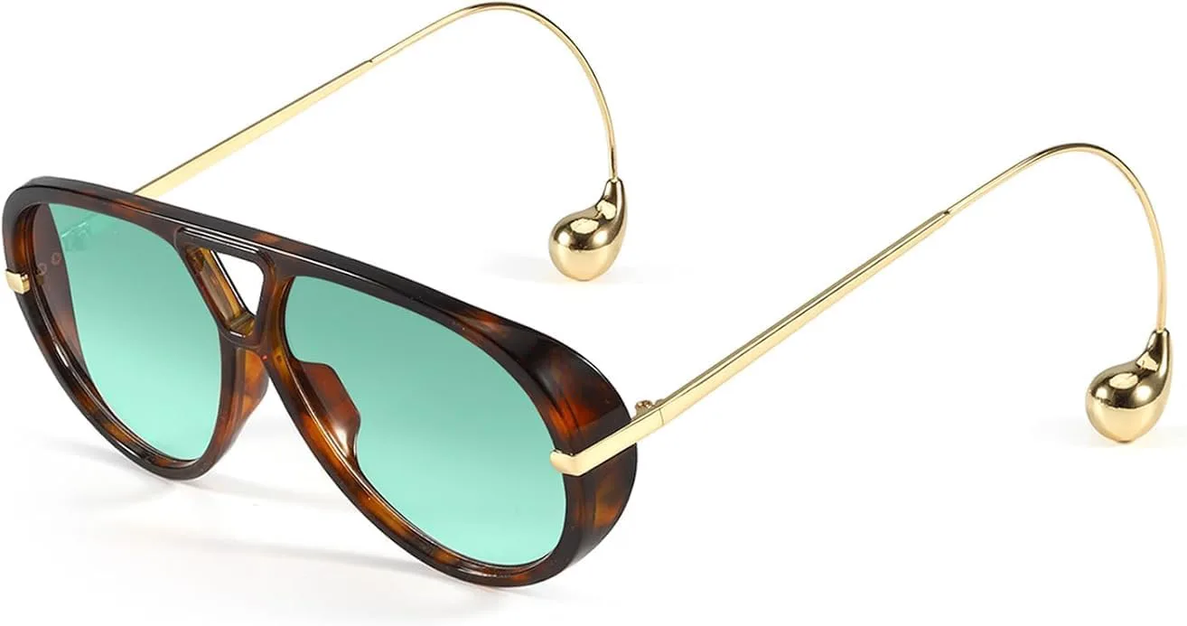 

Дизайнерские солнцезащитные очки-авиаторы большого размера для женщин, 2025 год, с двойной перемычкой и серьгами (в комплекте чехол и салфетка) Generic, Green