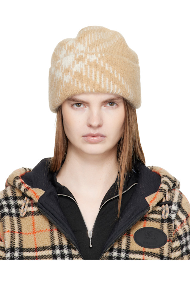 

Burberry Бежевая клетчатая шапка из смеси мохеровой шерсти