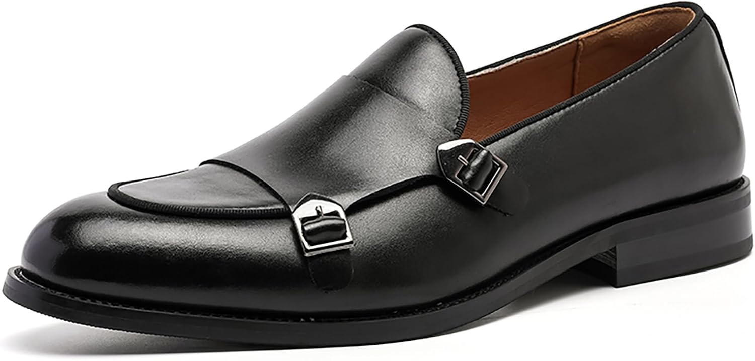 

Мужские лоферы из натуральной кожи, британский стиль, с двойной пряжкой, слипоны для делового повседневного ношения Generic, черный