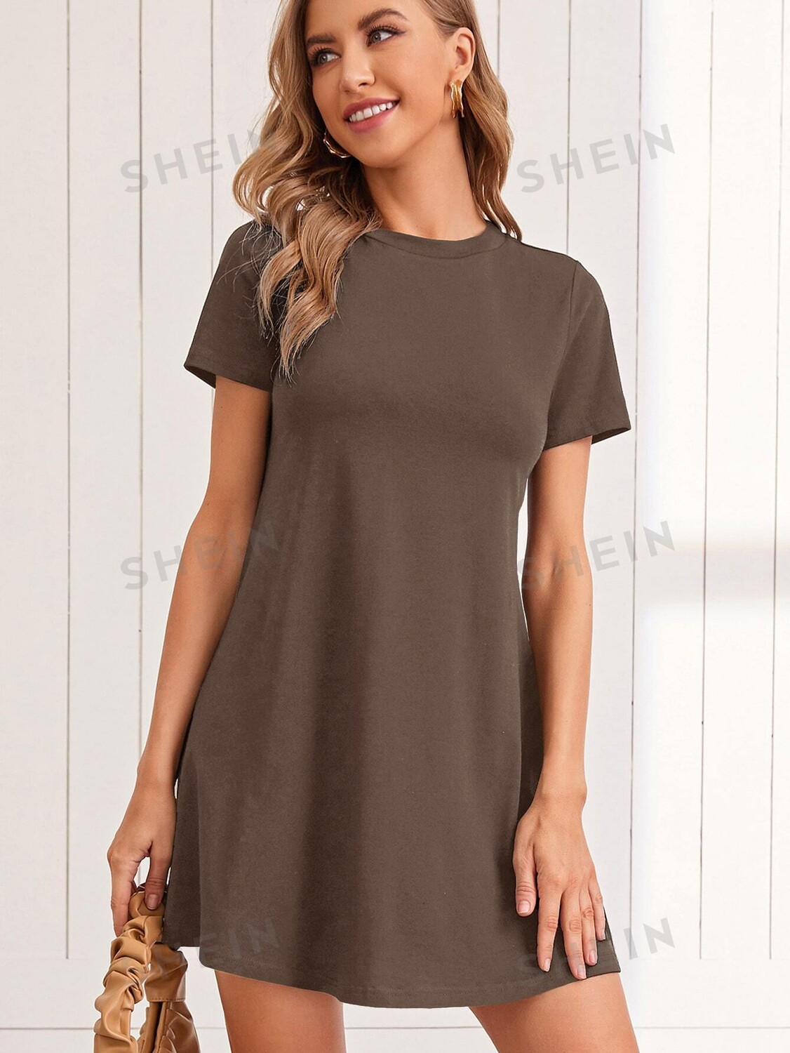 

Платье Shein Lune с круглым вырезом и короткими рукавами, кофейный