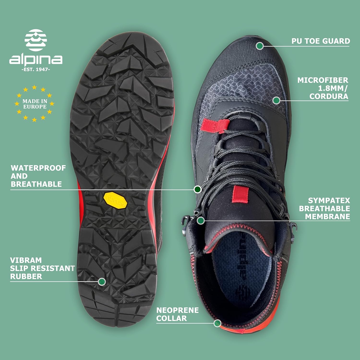Мужские водонепроницаемые ботинки Alpina PERFORMANCE 8'' с верхом из микрофибры и дышащей мембраной Sympatex, Устойчивость на любой погоде - противоскользящие, Легкие, Сделано в Европе, черный/красный — фото 2