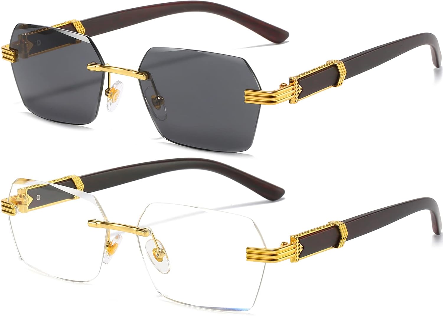 

Солнцезащитные очки AIEYEZO в стиле ретро, ​​без оправы, прямоугольные, унисекс, винтажные, безрамочные, модные, квадратные, тонированные, 2 Pack (Gold/Grey + Gold/Clear)