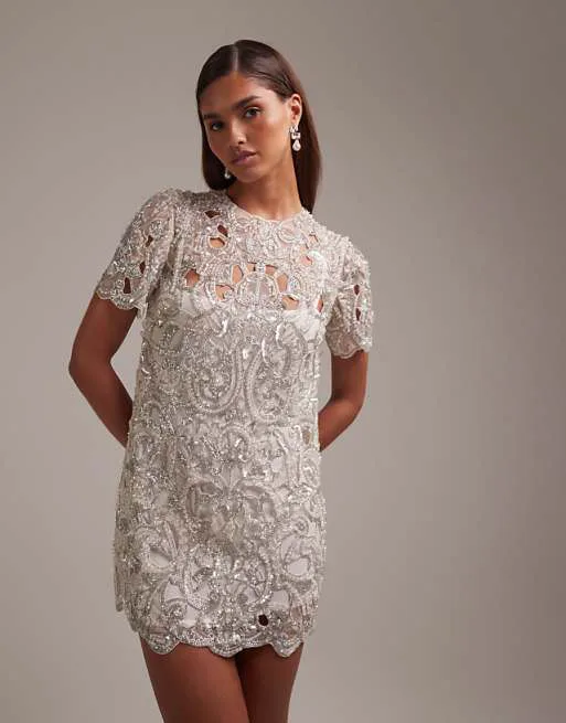 

Платье мини цвета слоновой кости с декоративным декором и вырезанными пайетками ASOS DESIGN
