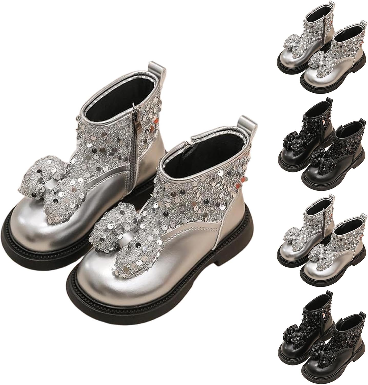 

Детские ботильоны для девочек с бантом, блестками, на низком толстом каблуке, с боковой молнией, модная обувь для осени, на возраст 4-11 лет Generic, Silver