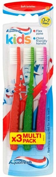 

Aquafresh Kids, 3 шт. в упаковке, ручные зубные щетки 0-7 лет, МЯГКИЕ
