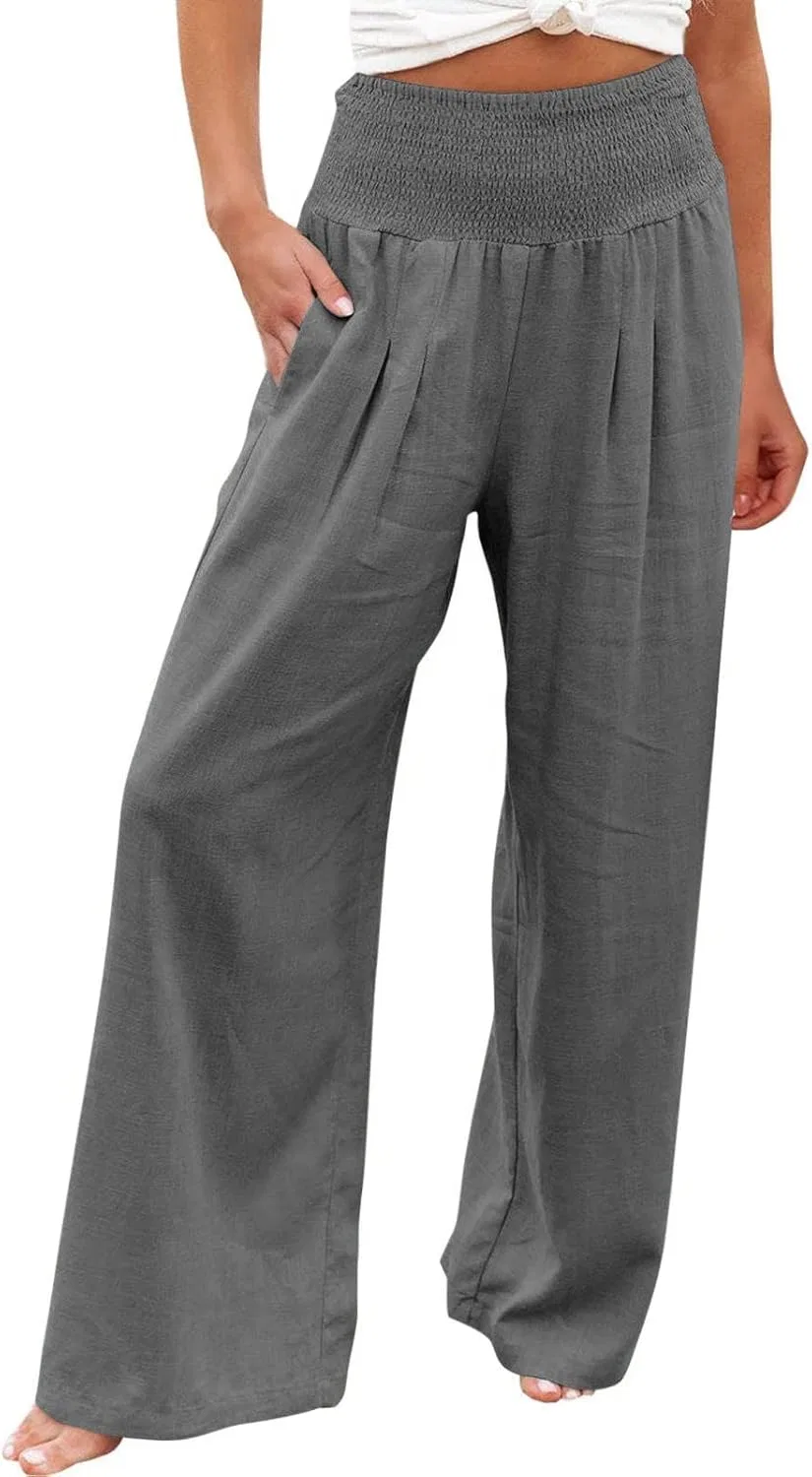 Женские широкие брюки палаццо, Cotton Linen, с карманами, A03_gray