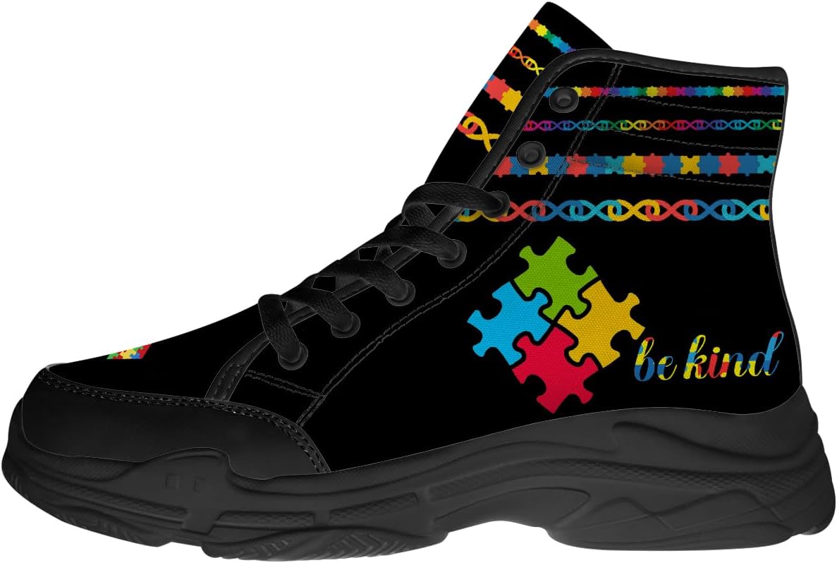 

Кроссовки Quorax для осведомленности об аутизме для женщин и мужчин, высокие, на шнуровке, из ткани, подарки для нее и для него, черный/синий/желтый