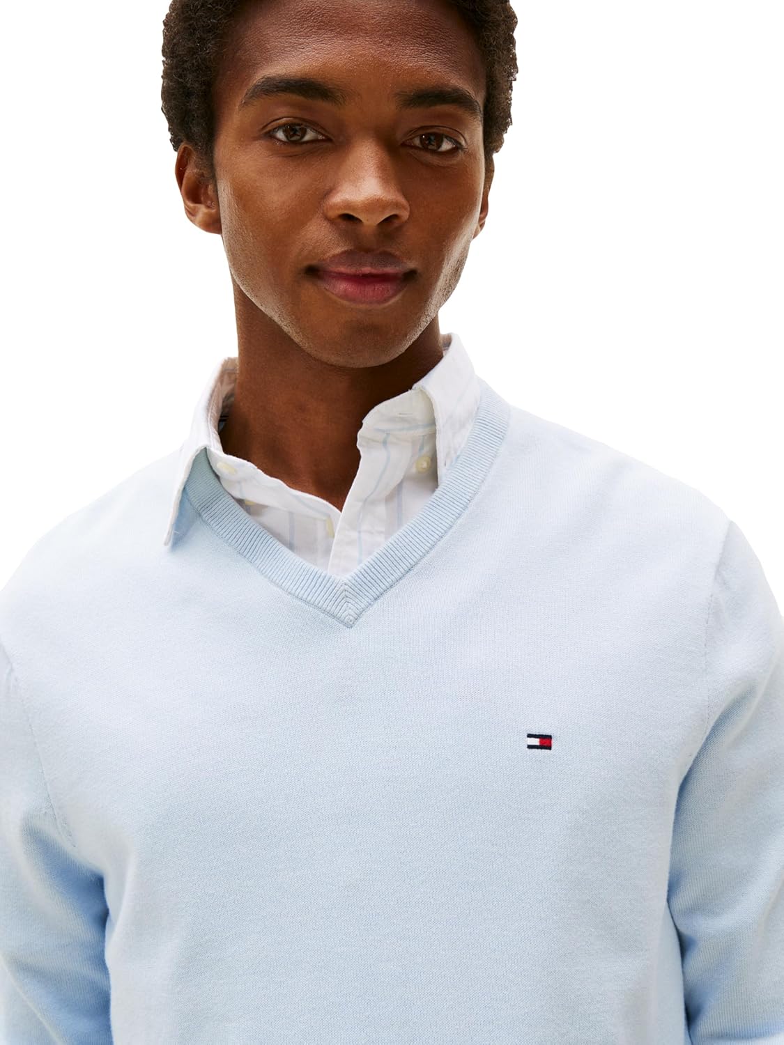 Мужской хлопковый однотонный свитер с V-образным вырезом Tommy Hilfiger, легкий пуловер, Brisk Blue — фото 2