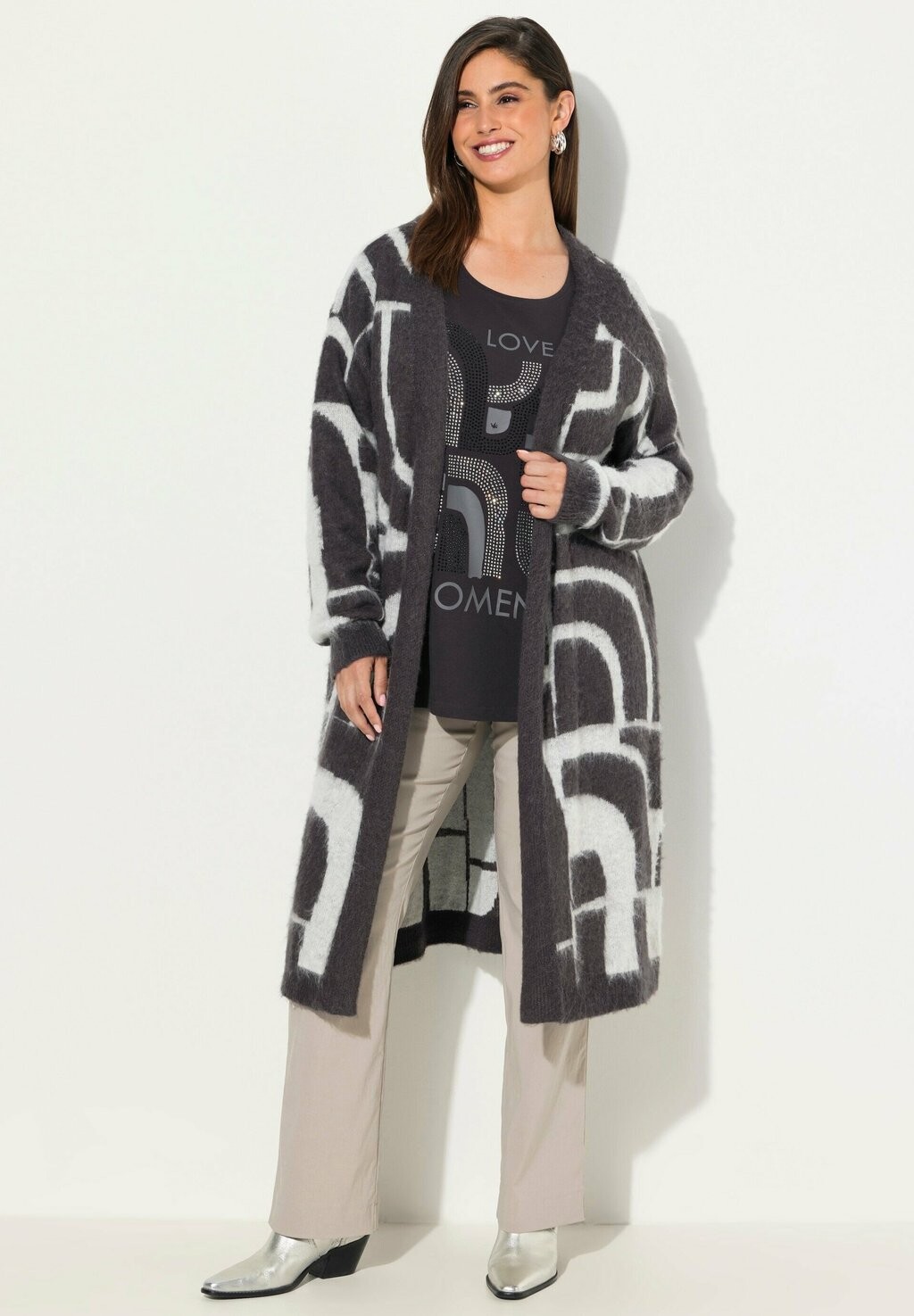 

Кардиган TEXTURED GEOMETRIC LONGLINE OPEN SHAPE Ulla Popken, серый