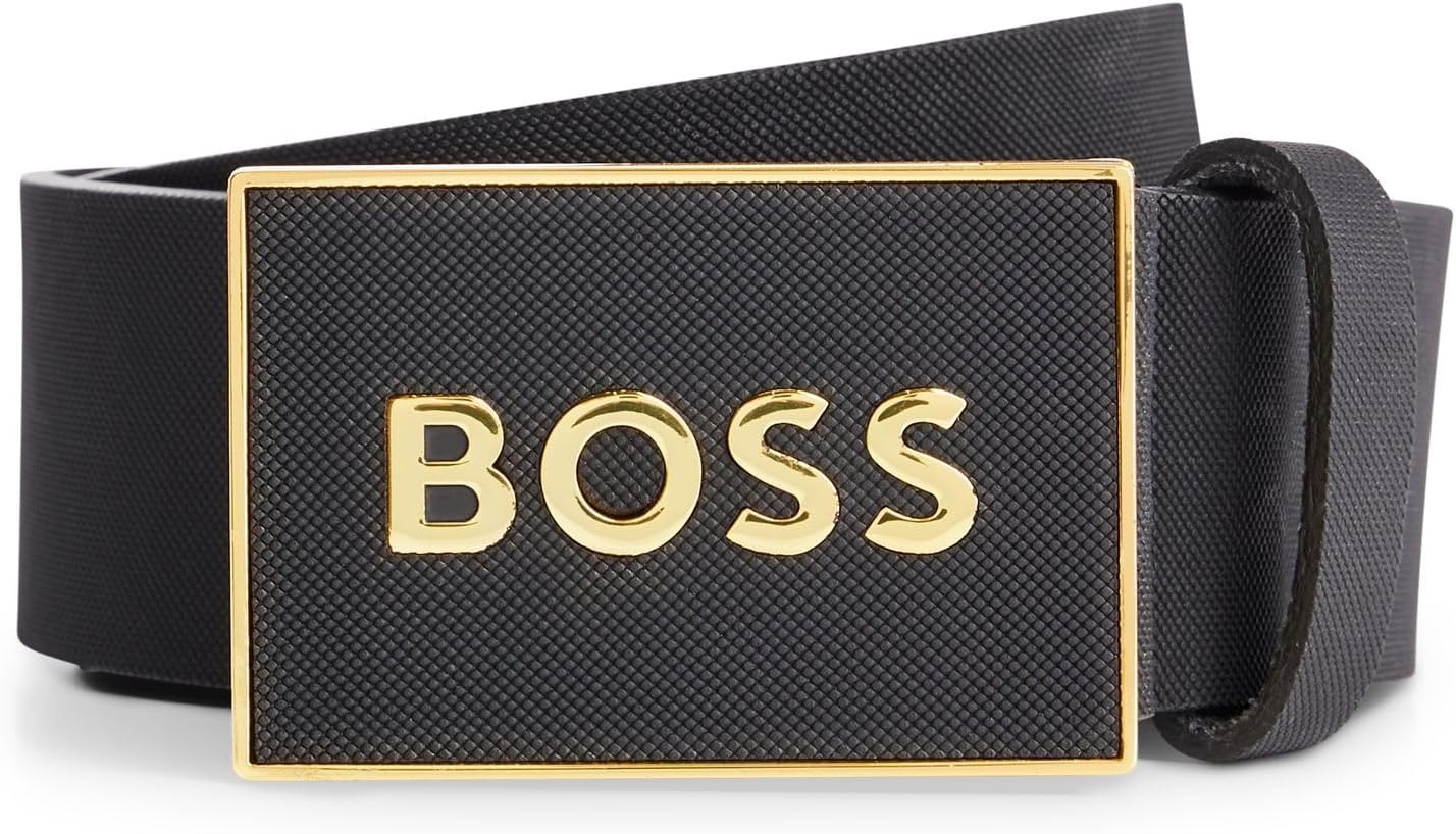 

BOSS Мужской ремень Icon-S1 из итальянской кожи с пряжкой-плакеткой, Black/Gold