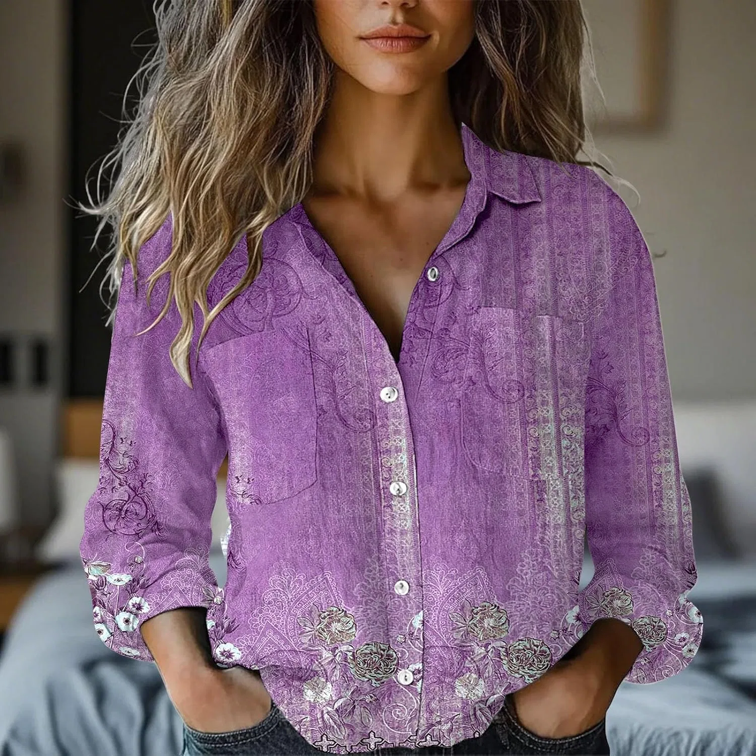 Блуза с принтом, длинный рукав Women Long Sleeve Printed Button Down Shirts, фиолетовый — фото 4
