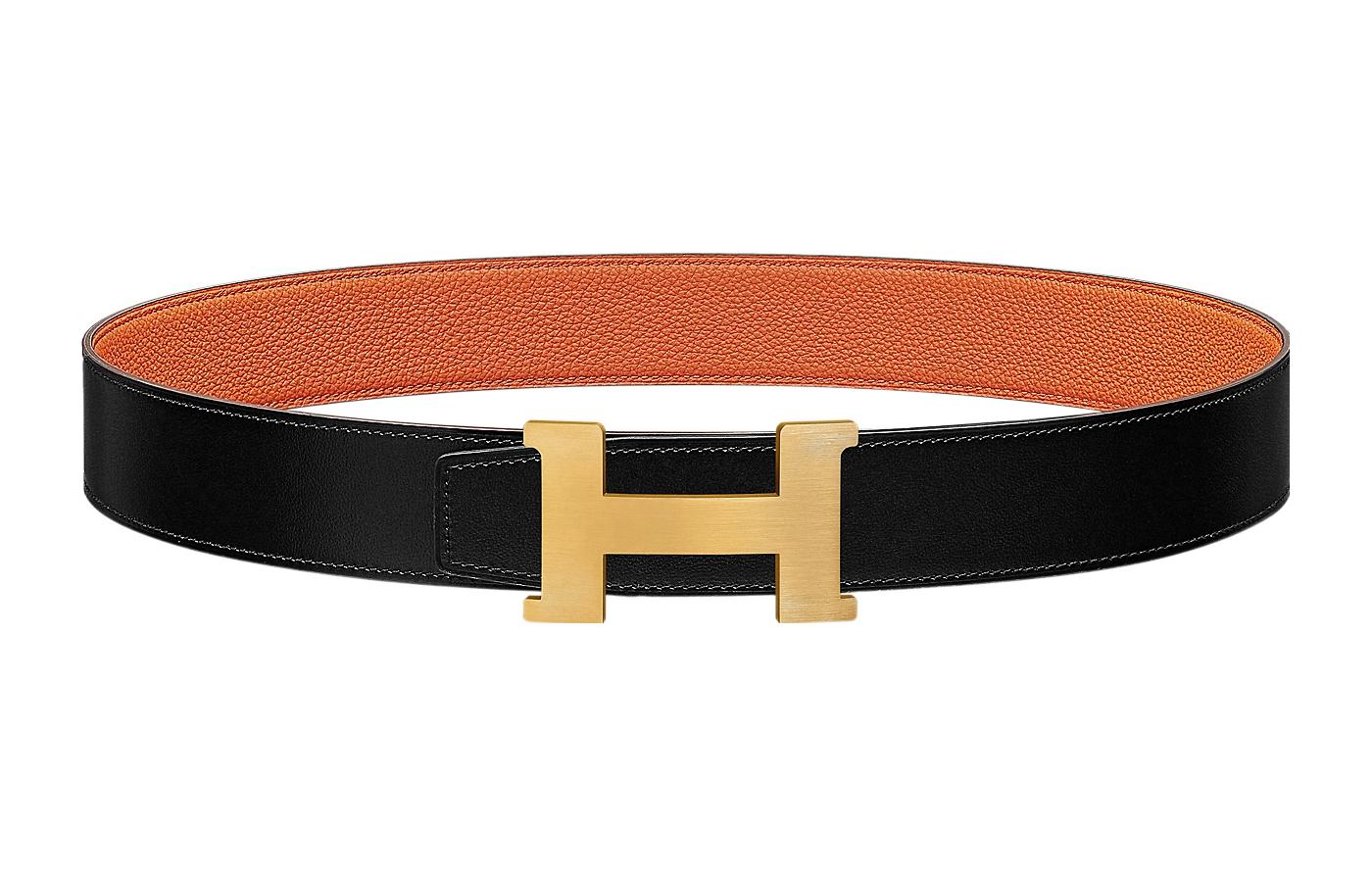 HERMES Кожаный ремень мужской Calfskin Double-Sided, черный/оранжевый, ширина: 3.8 см — фото 2
