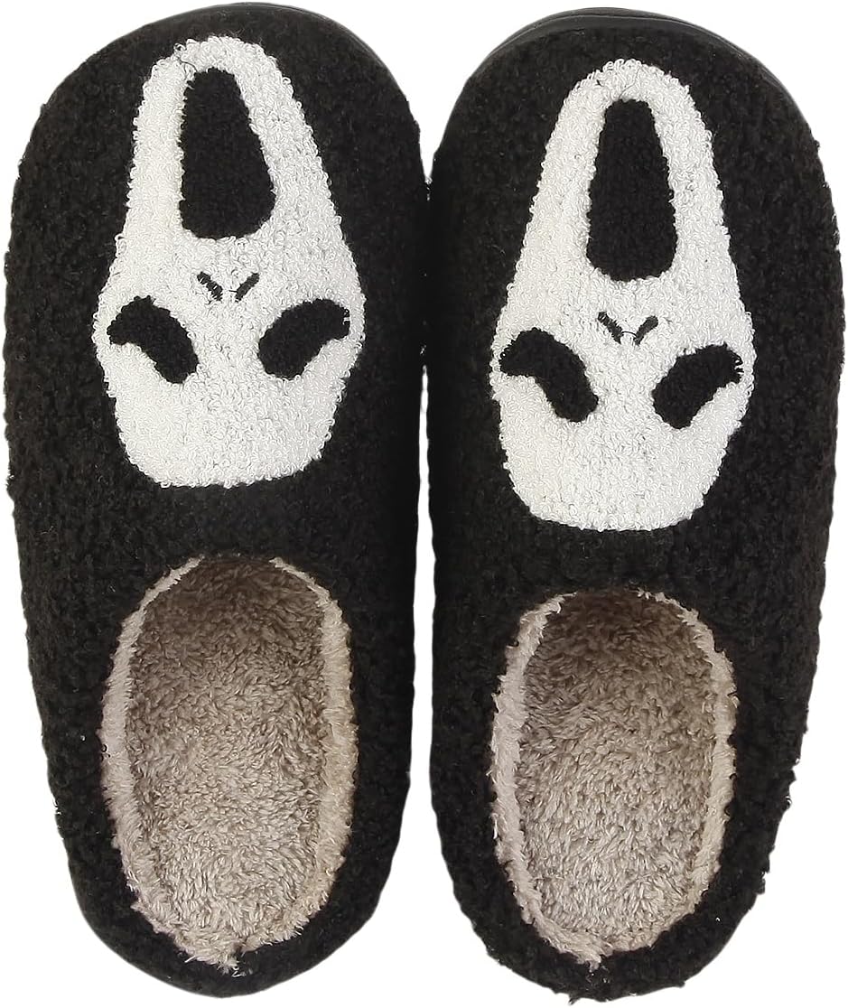 

HFBAOEGU Хэллоуинские тапочки для женщин и мужчин, эластичные, удобные, ретро, с эффектом памяти, пушистые, мягкие, для спальни, плюшевые, теплые, с противоскользящей подошвой, зимние, с шерстяной подкладкой, для улицы и дома, черный