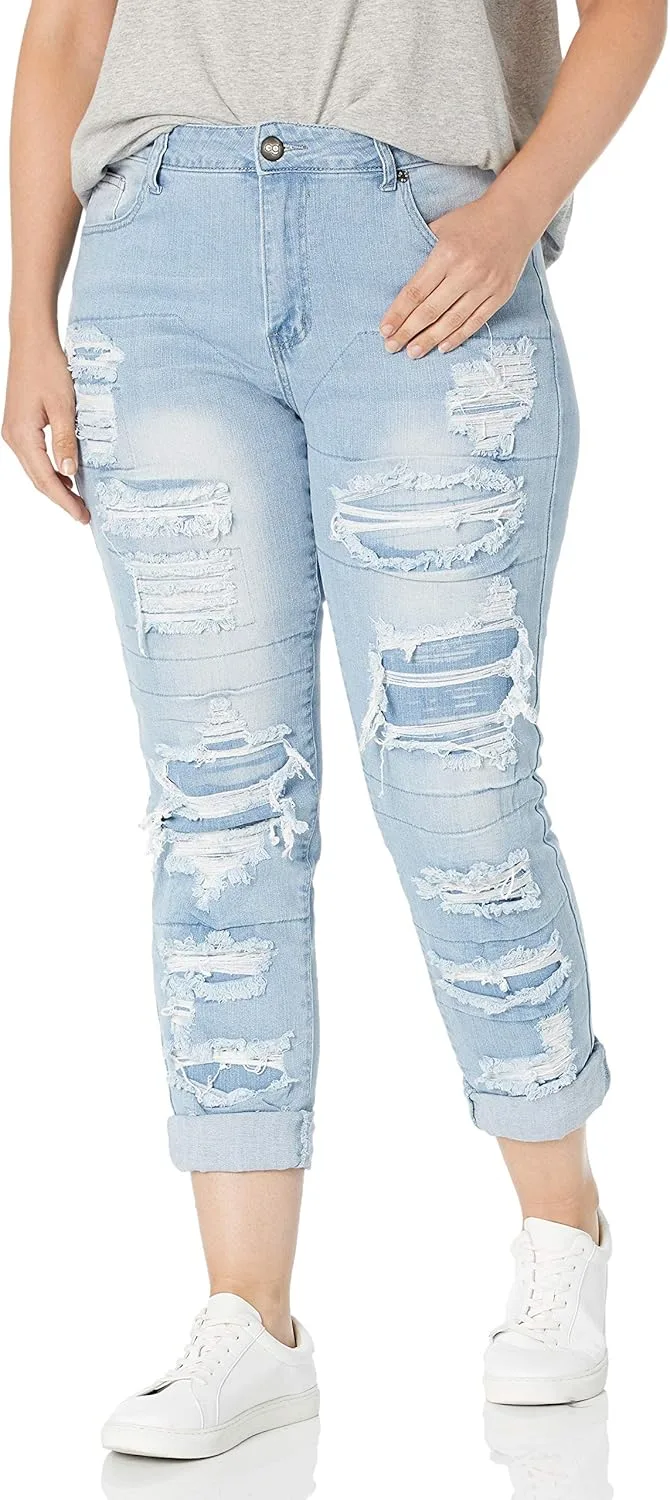 

Cover Girl Womens High Waisted Ripped Patched Repair Blue Skinny Jeans