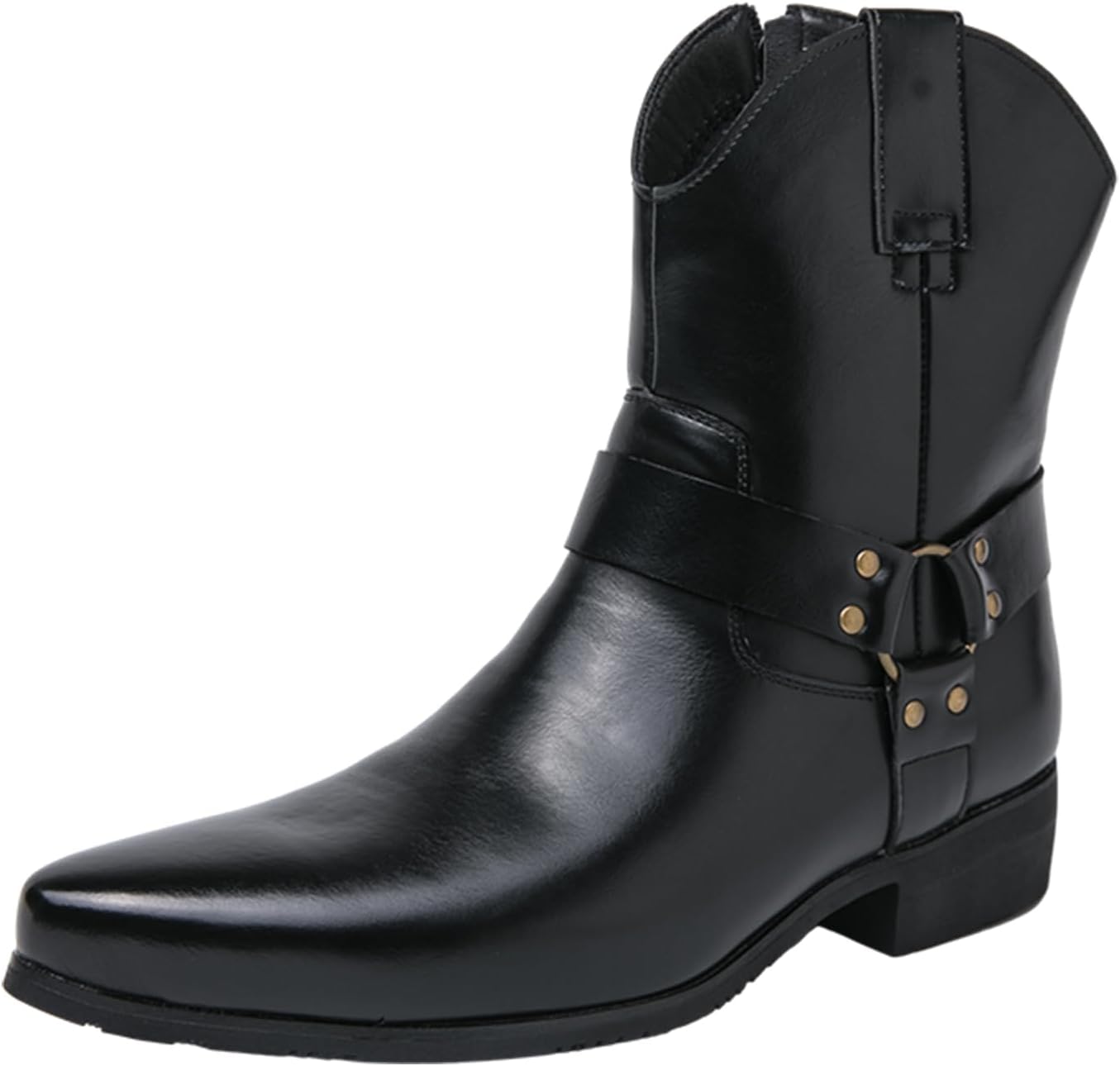 

Мужские вестерн-бутсы EGGDK - модный заостренный носок, массивный низкий каблук, боковая молния с пряжкой, ретро-классика, короткие нескользящие ботинки, черный