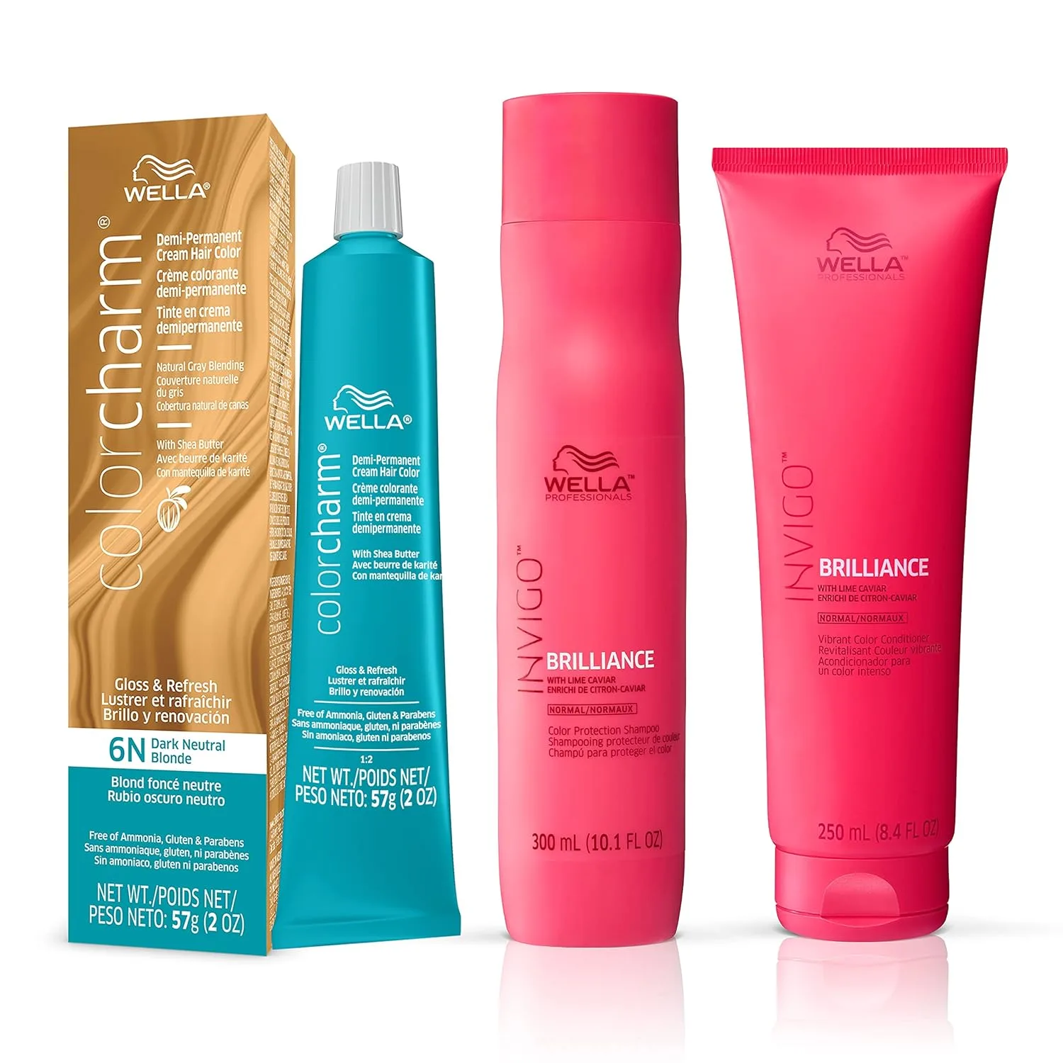 Шампунь и кондиционер Wella Professionals Invigo Brilliance Color Protection для тонких волос + Полуперманентная краска для волос Wella ColorCharm, оттенок 6N (темно-нейтральный блонд), 6N Dark Neutral Blonde + Color Protection Bundle
