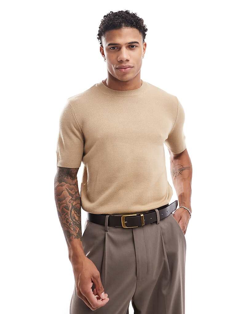 

Комбинированная футболка бежевого цвета с круглым вырезом ASOS DESIGN
