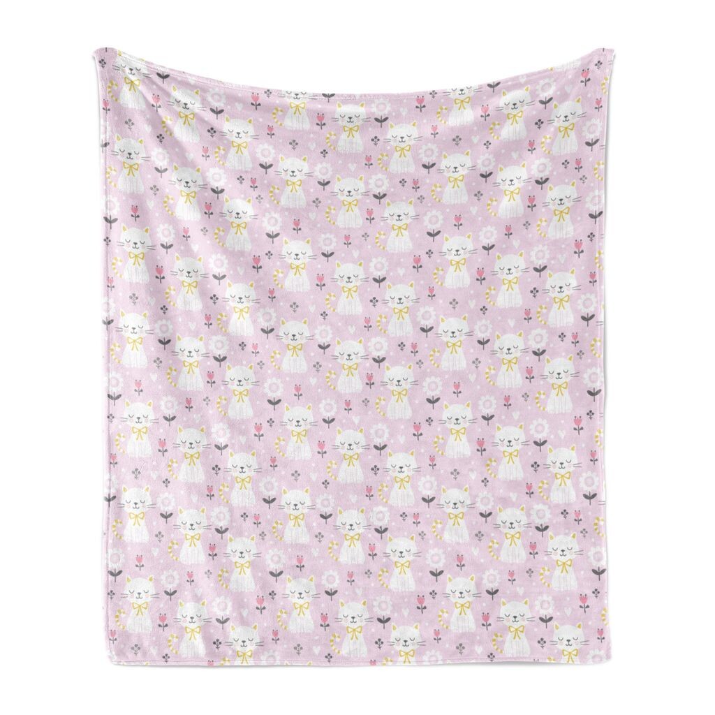 

Мягкое фланелевое флисовое одеяло ABAKUHAUS Kitten, Flowers Cats с полосатыми хвостами и лентой, 175 x 230 см, Сиреневый, нежно-розовый