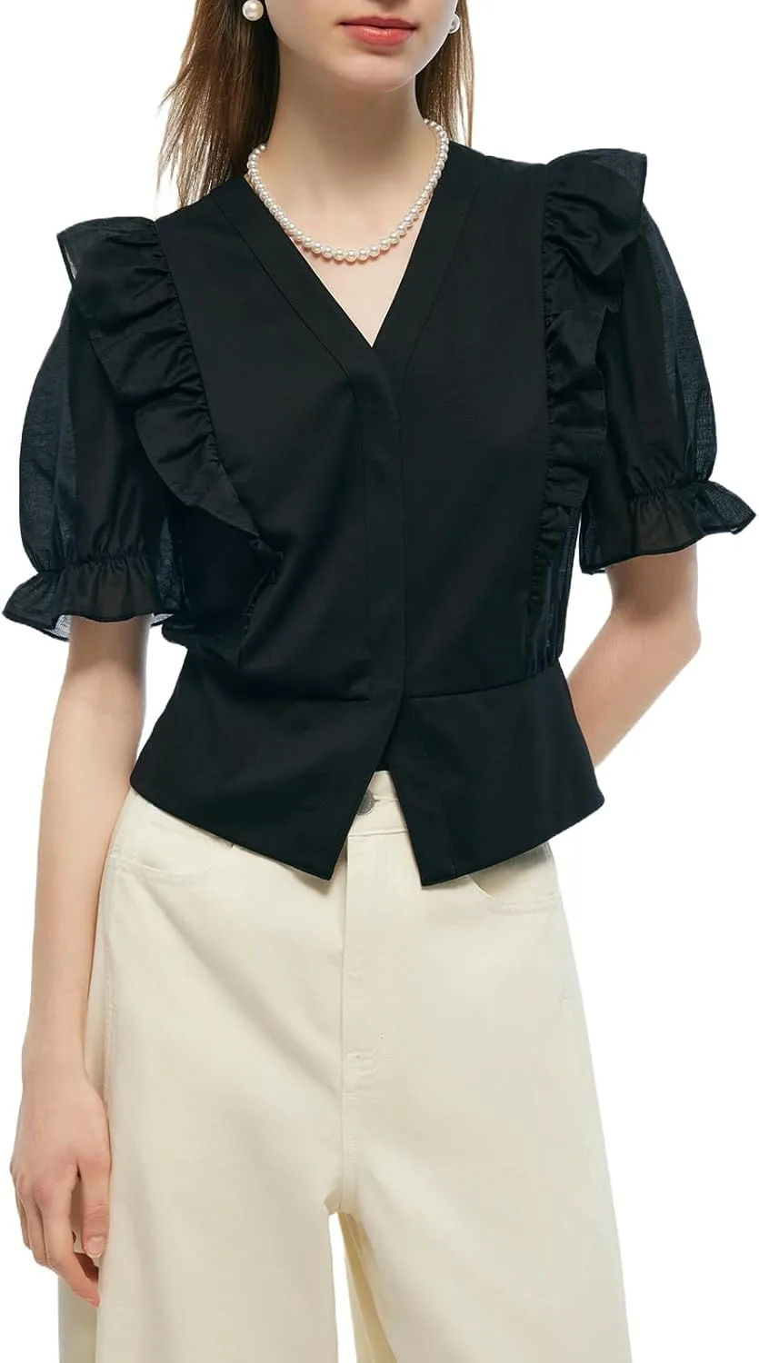 

GOELIA Женский топ с рюшами и пышными рукавами, V-образный вырез, черный