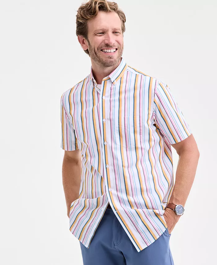 

Мужская рубашка Kara Stripe с короткими рукавами и застежкой на пуговицы из поплина Club Room, белый