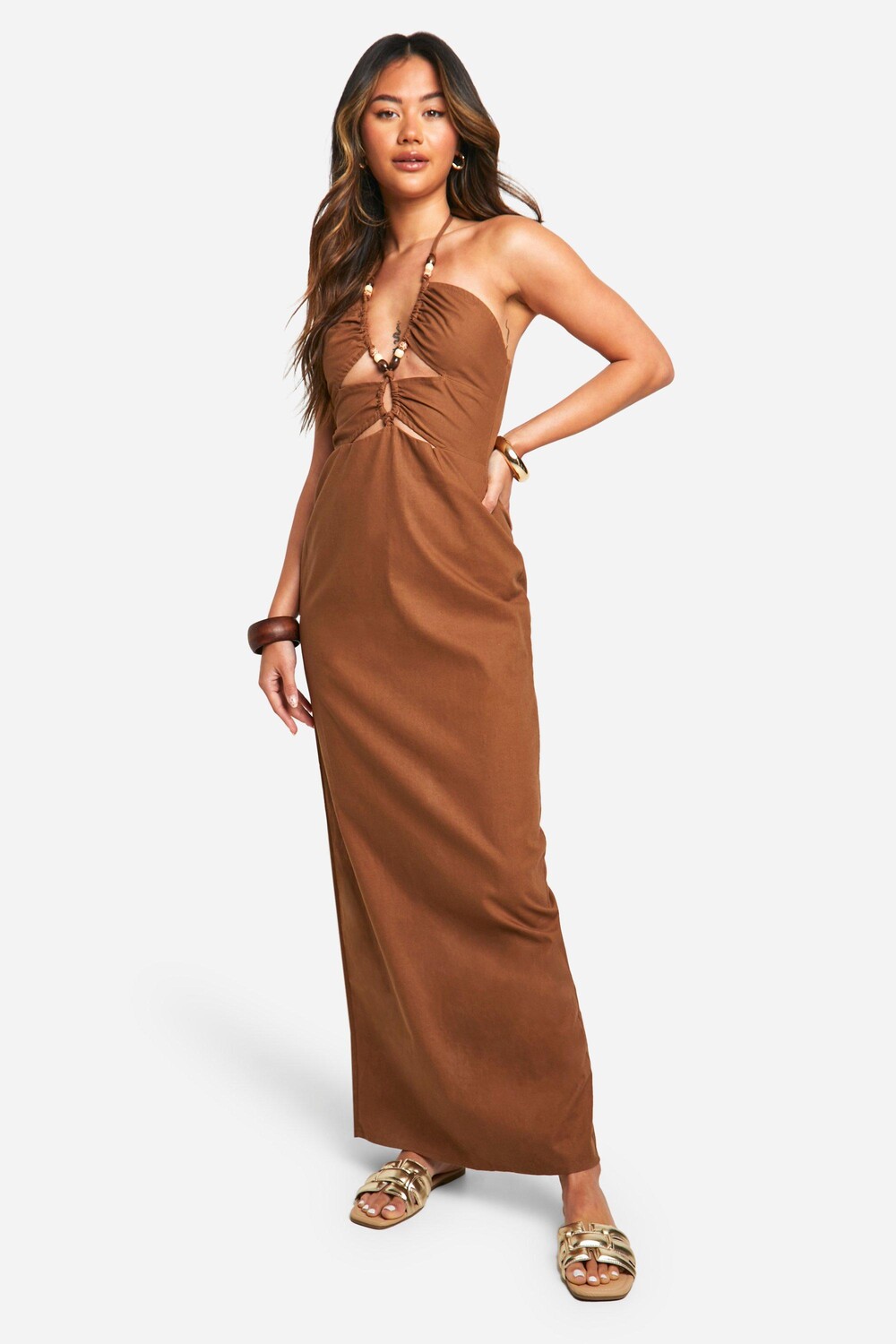 

Льняное платье макси с декором из бисера boohoo, коричневый