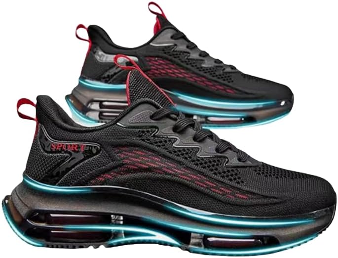 

Мужские кроссовки с сеткой и воздушной подушкой, ортопедические, модные, на шнуровке, легкие, противоскользящие, с амортизацией, дышащие, удобные для спортзала, бега, тенниса, прогулок и работы Hhhchpm, черный/красный