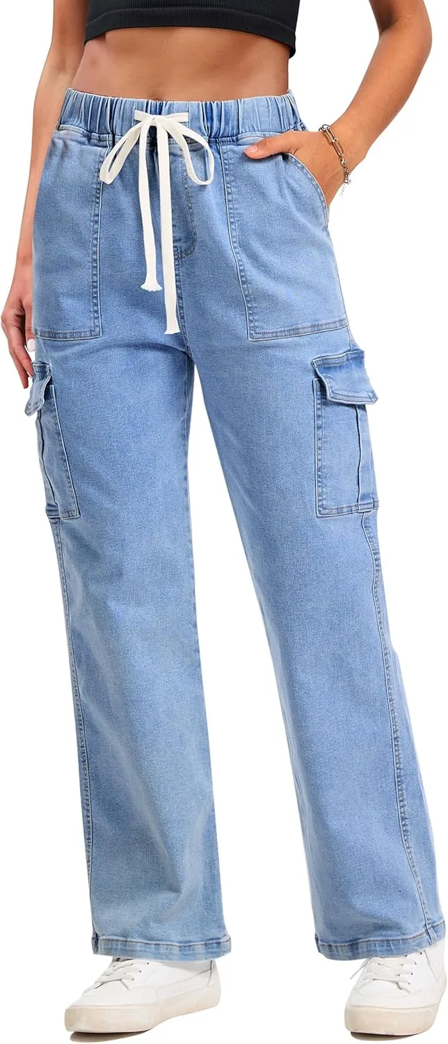 

Seseragi Cargo Jeans для женщин, стрейч, широкие, с 6 карманами