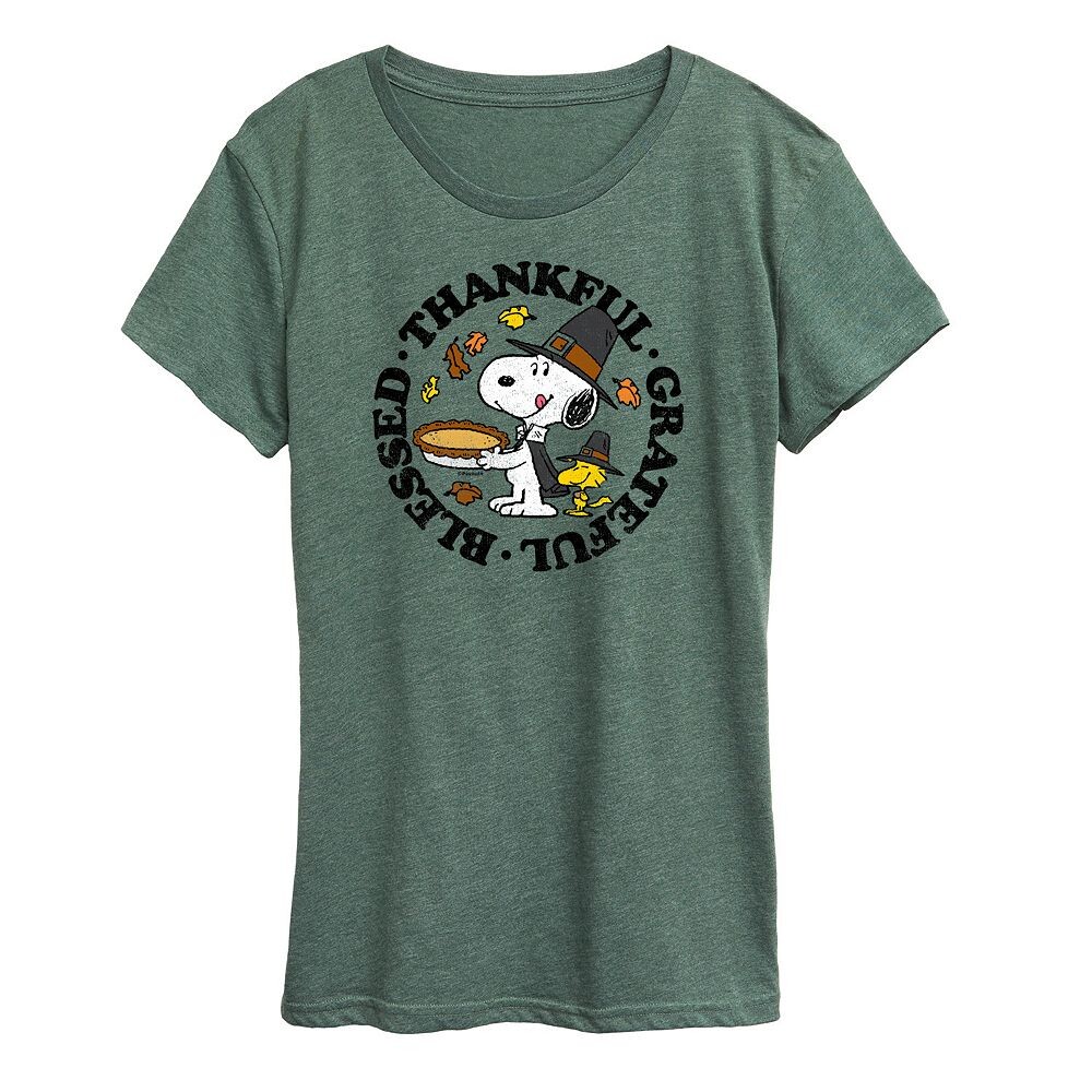 

Женская футболка Peanuts Snoopy & Woodstock с рисунком благодарности Licensed Character, цвет Heather Green