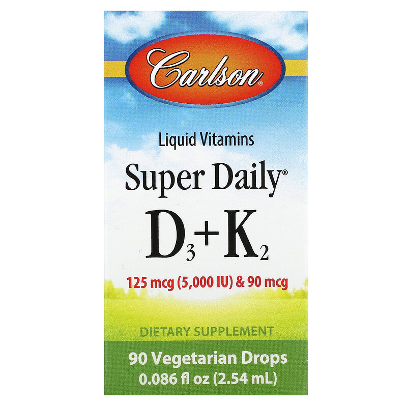 

Carlson, Super Daily D3 + K2, 125 мкг (5000 МЕ) и 90 мкг, 2,54 мл (0,086 жидк. унции)