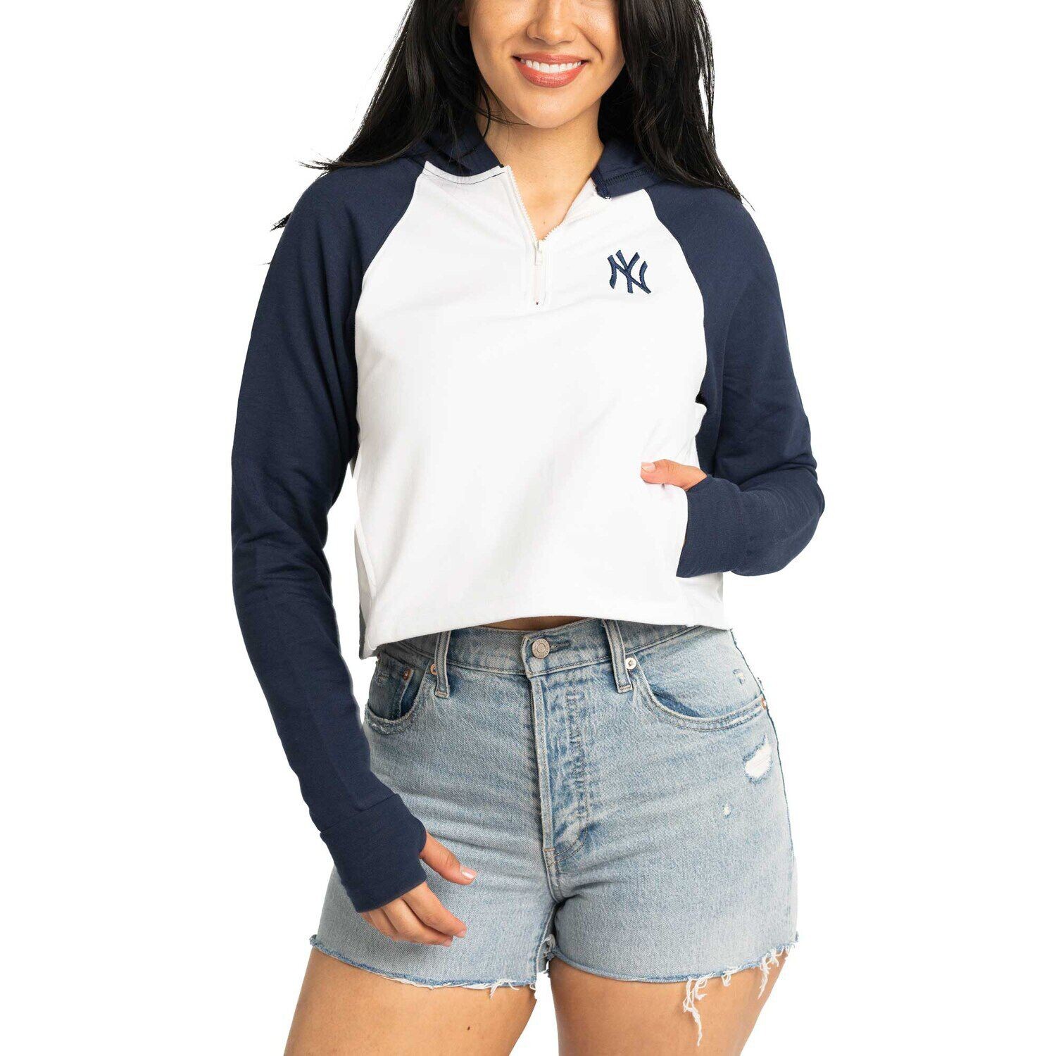 

Женский укороченный пуловер с капюшоном Lusso White New York Yankees Jane Raglan с молнией в четверть четверти