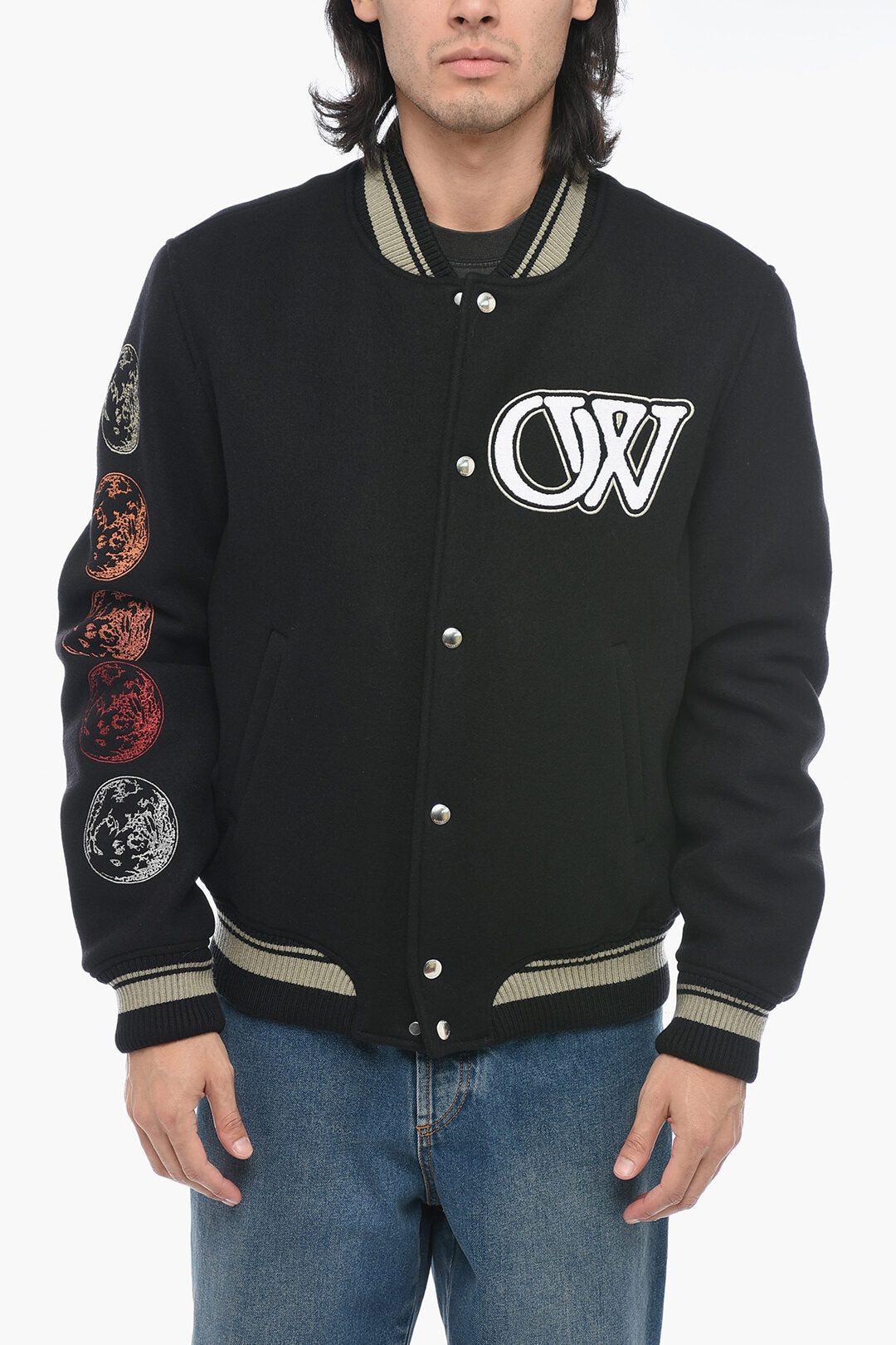 

Бомбер университетской куртки Off-White Moon с лоскутным узором L стандартного размера