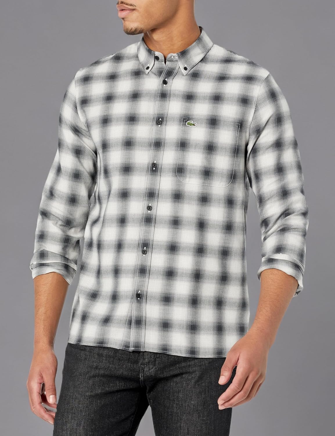 Lacoste мужская длинная рубашка в клетку Gingham на пуговицах, Black Medium Check — фото 3