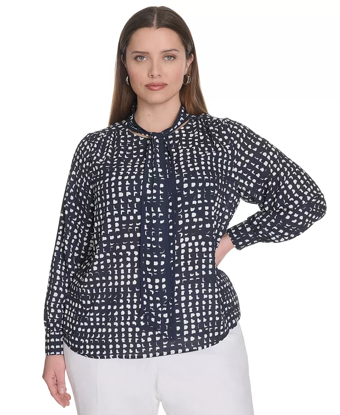

Блузка с принтом и завязкой на шее с длинным рукавом Plus Size Calvin Klein, синий