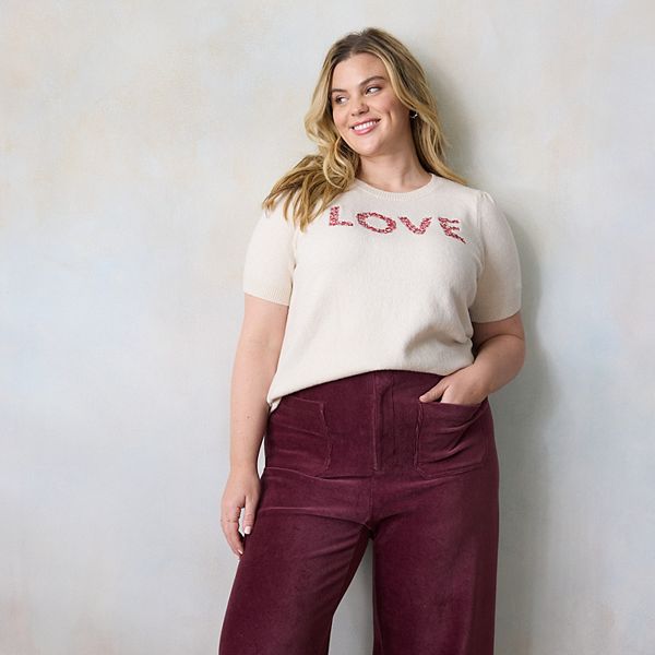 

Футболка-свитер с коротким рукавом Plus size Lc Lauren Conrad, Ivory Floral Love