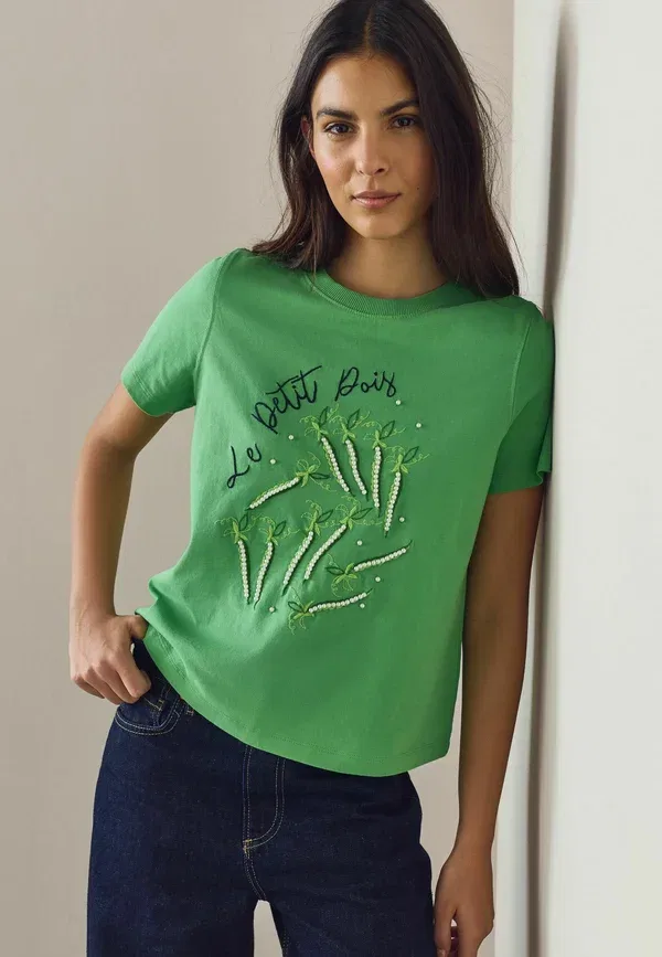 Футболка Next Regular fit embellished petit pois short sleeve crew neck t-shirt, зеленая — фото 4